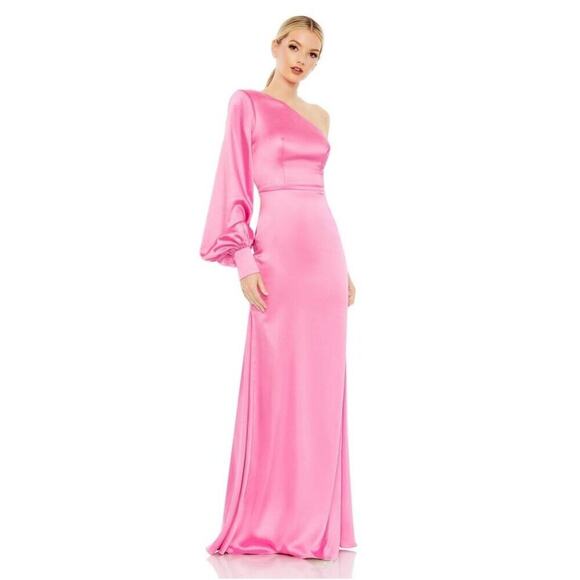 FLAWED- NWT Mac Duggal One Shoulder Bishop Sleeve Trumpet Gown Candy Pink 6 - Picture 1 of 12